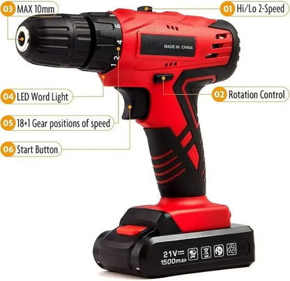 128pcs Tool Set with Power Drill, Cordless Hammer Drill Tool Kit 128Pcs Household Power Tools Drill Set with 21V Li-Ion Battery & Charger for Home Tool Kit，toolbox，bigtoolset