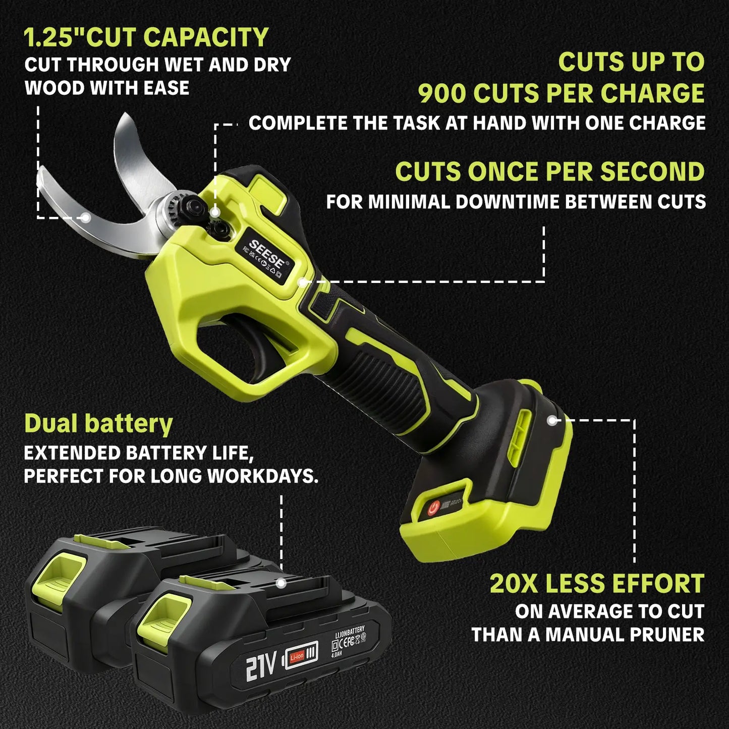 21V Cordless Electric Pruning Shears with 1.25" Cutting Capacity